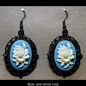 Goth-inspired blue and white acrylic 3D rose and black filigree earrings