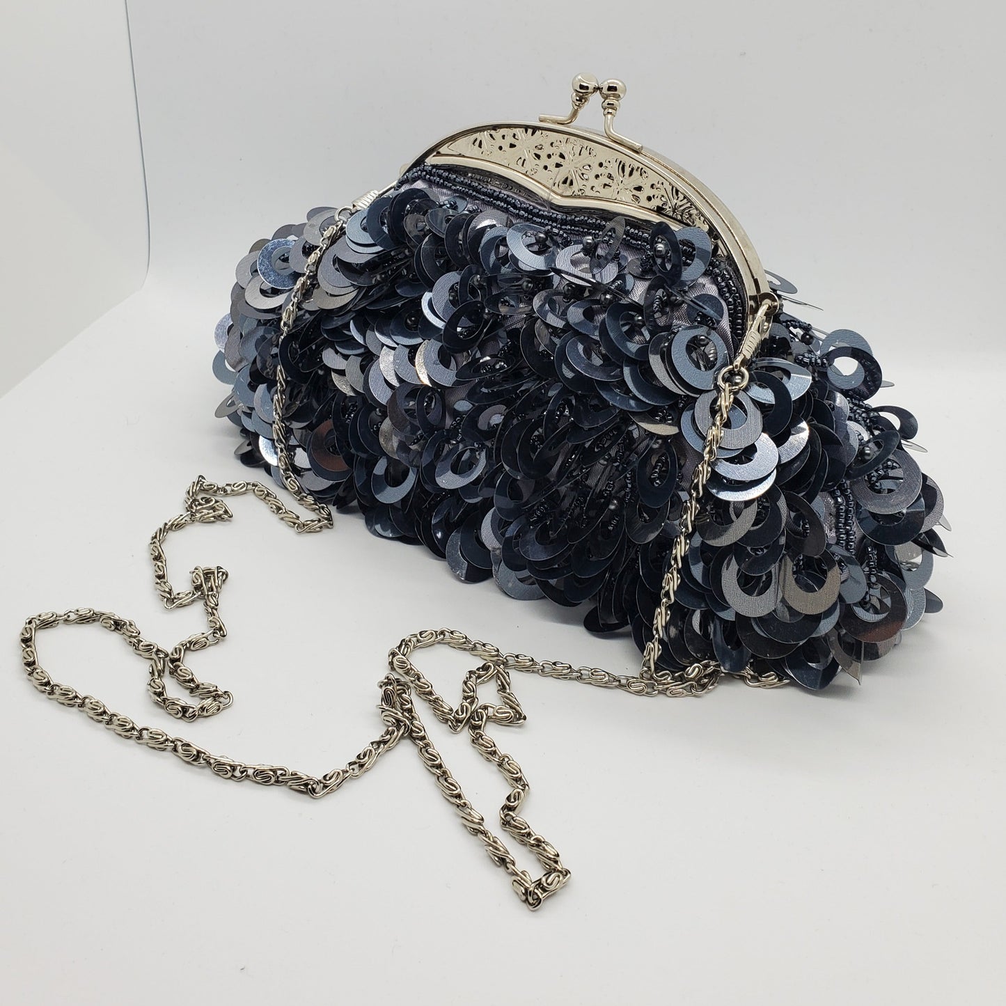 side view of Large loop paillettes and bead purse