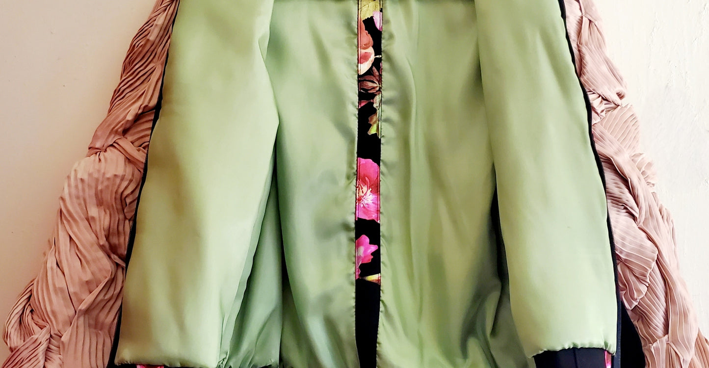 Lining view of floral Bomber Jacket with Freeform Pleated Sleeves
