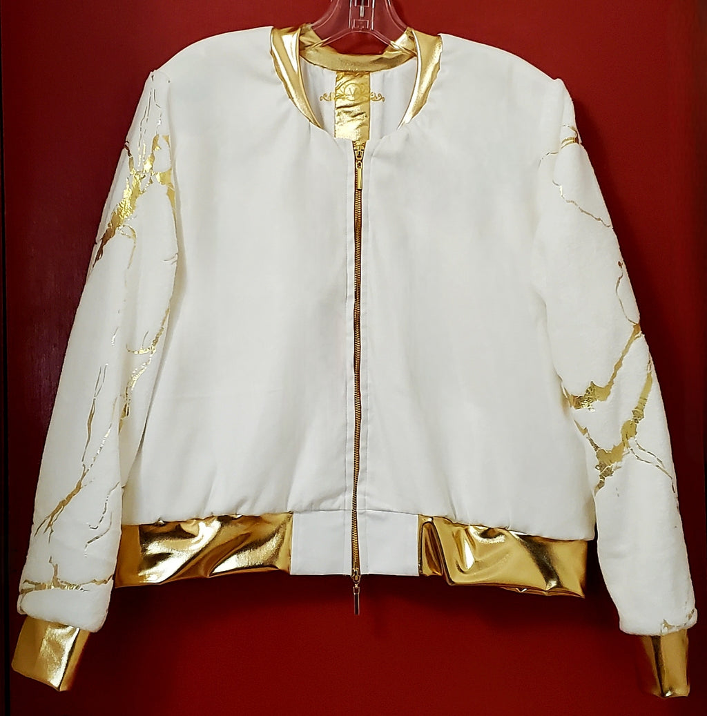 Front view of White bomber with gold marble print sleeves