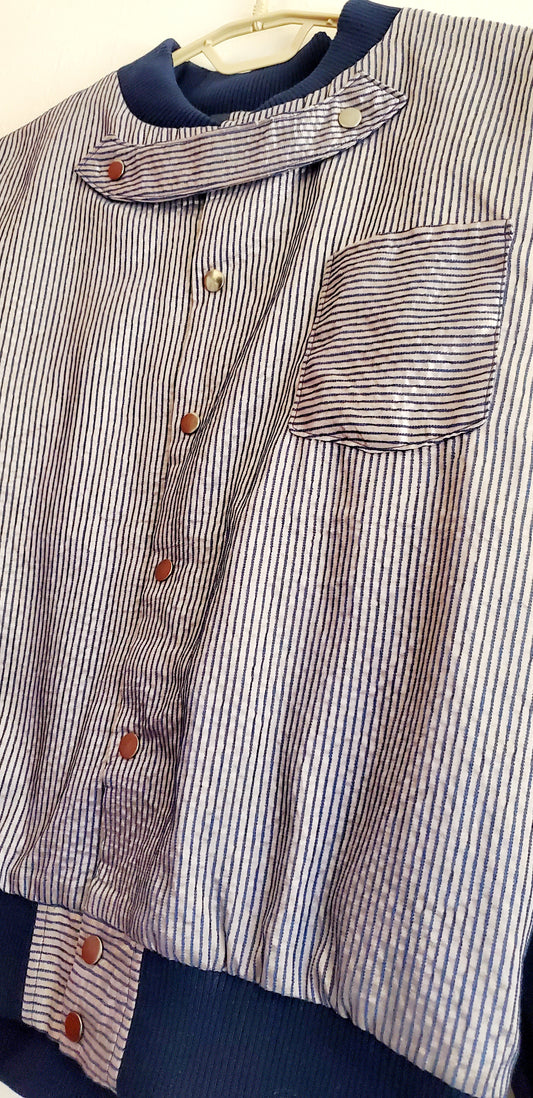 Close up Front view of Menswear Inspired pinstripe Bomber Jacket Look 3