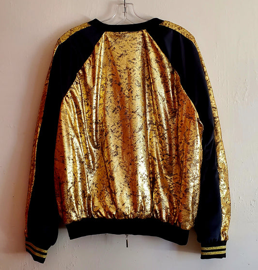 MIDAS-Black and gold velvet bomber jacket with hidden pocket dolman sleeves