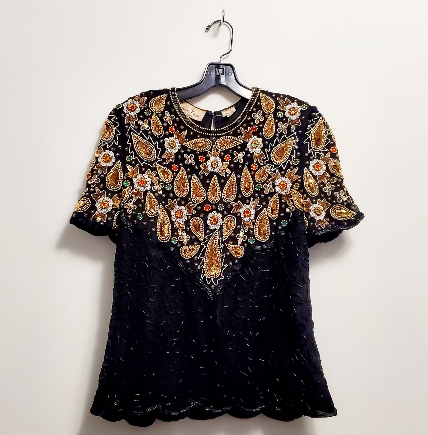 BEJEWELLED-80s Black and gold paisley rhinestone, bead and sequin top