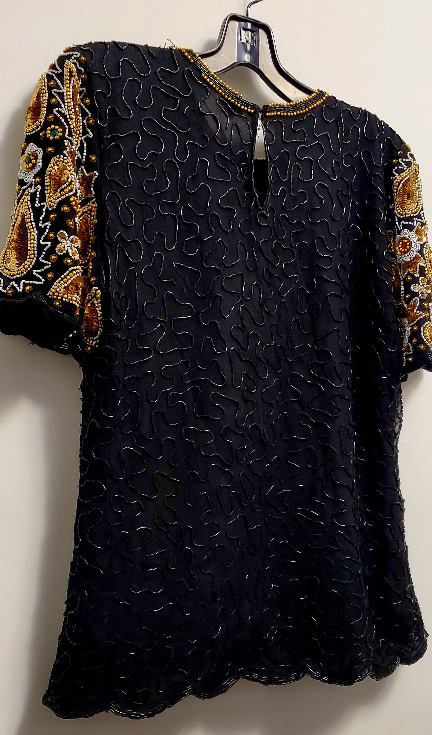 BEJEWELLED-80s Black and gold paisley rhinestone, bead and sequin top