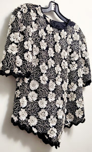 Front Side Front view of Vintage 80s Black and White Beaded Floral Top