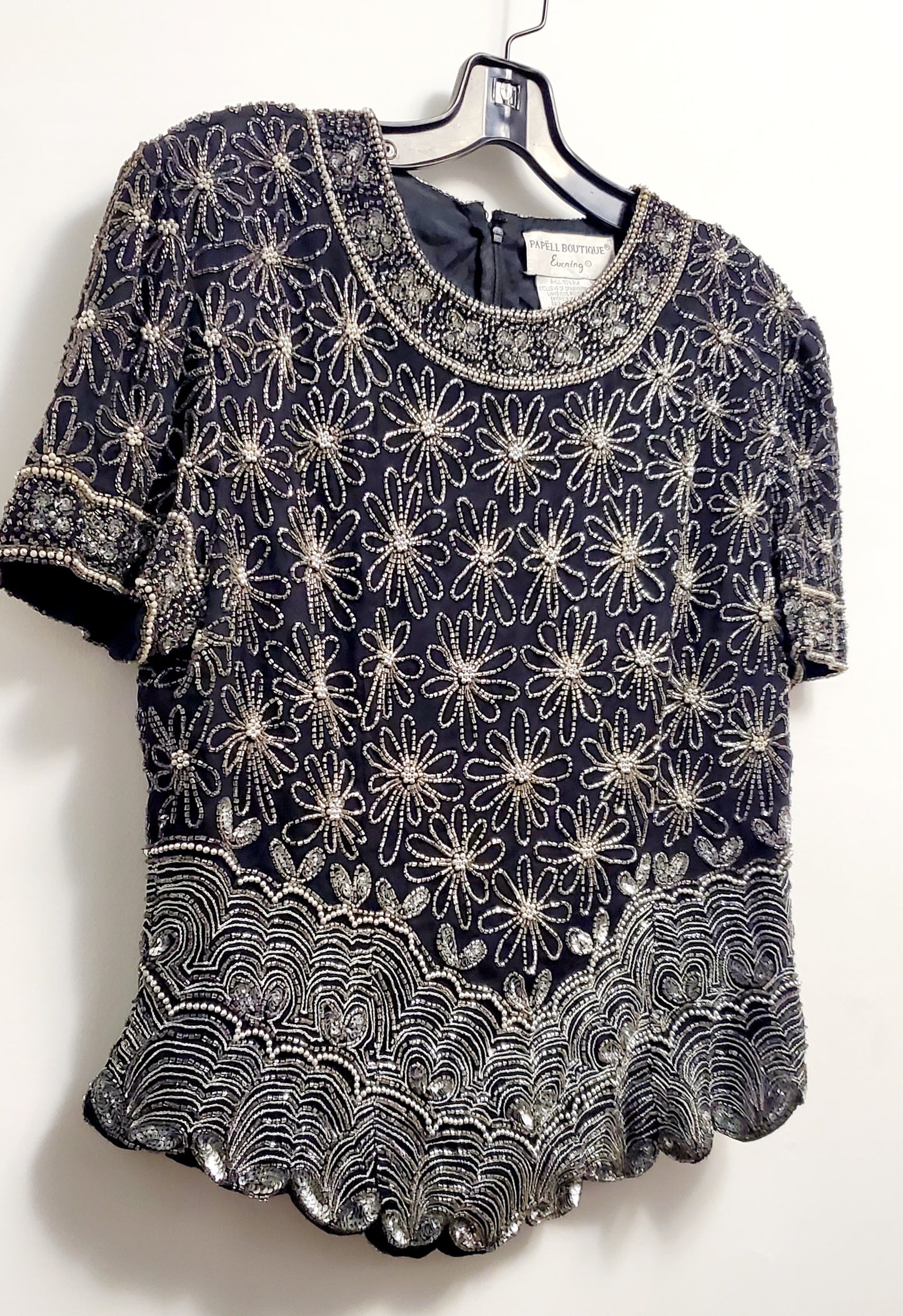 Front side view of Vintage Black and Silver Sequin Top