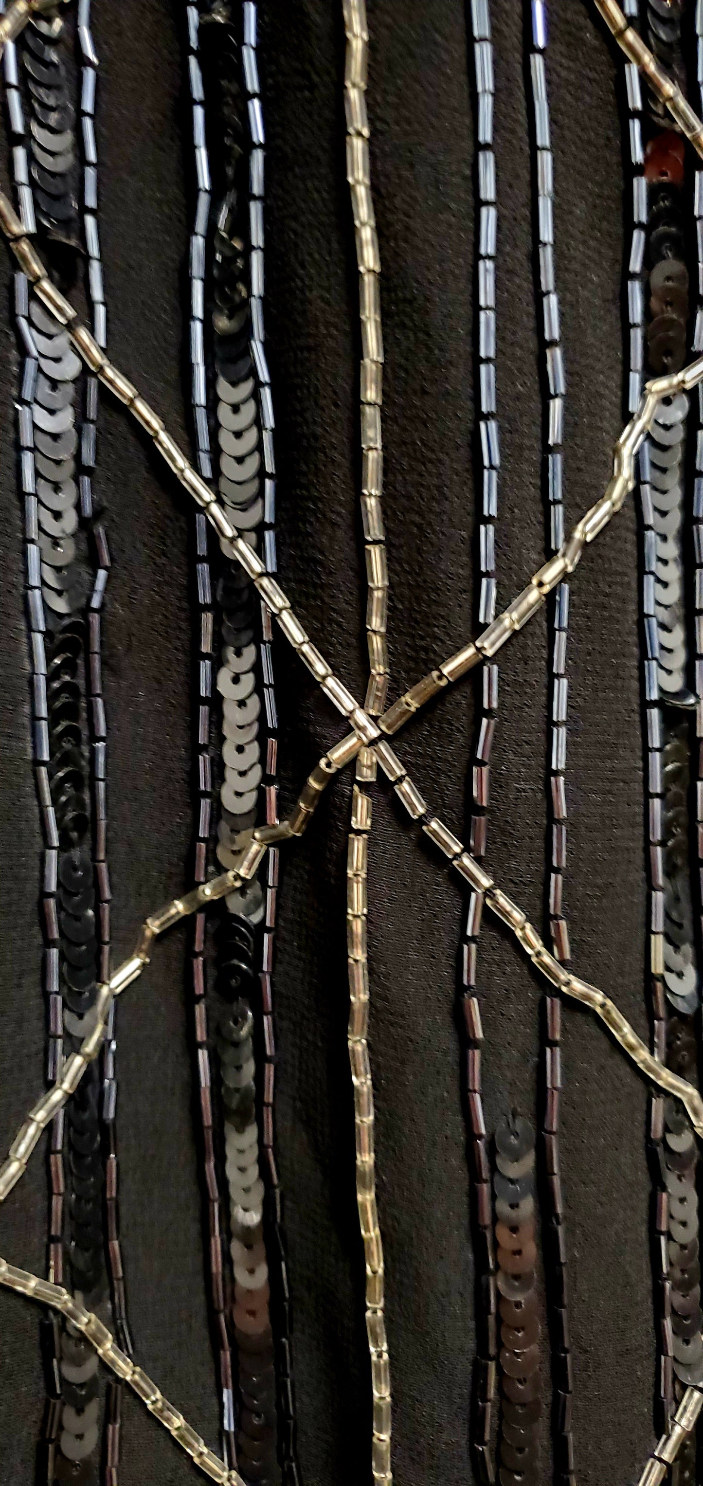 Close up of beaded details on Front view of Retro black sequined shift dress