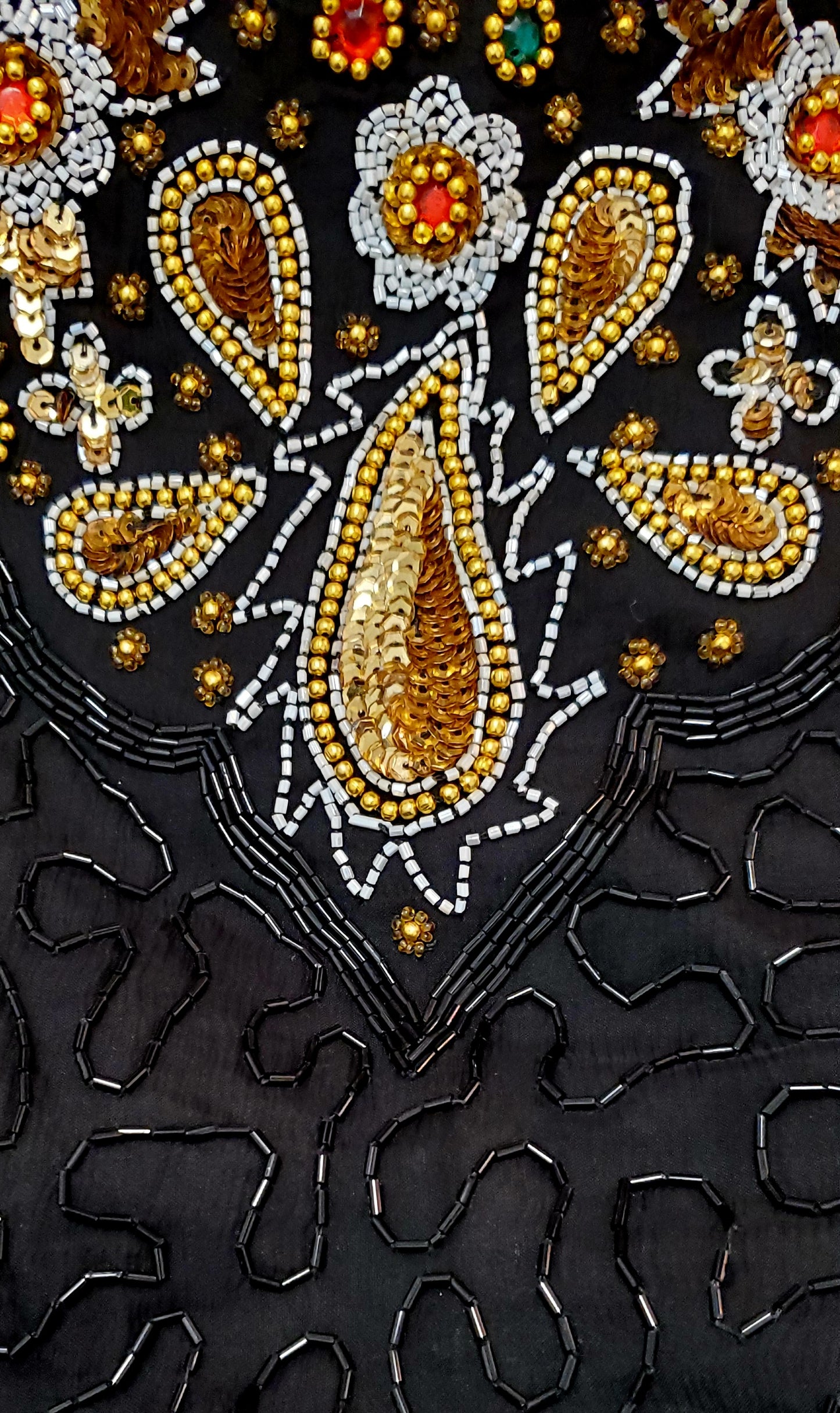 BEJEWELLED-80s Black and gold paisley rhinestone, bead and sequin top