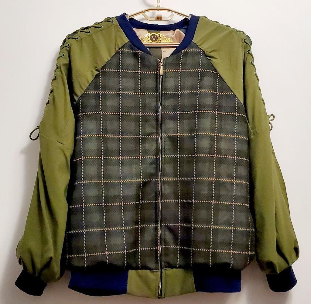 front view of Forest green plaid bomber jacket with split sleeves and laced shoulder details.