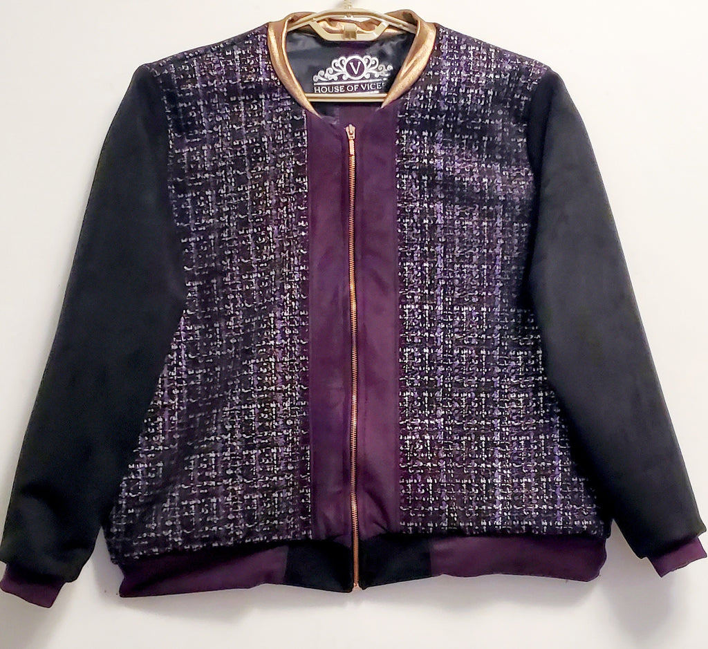 Front view of Purple, silver, and copper tweed printed bomber jacket