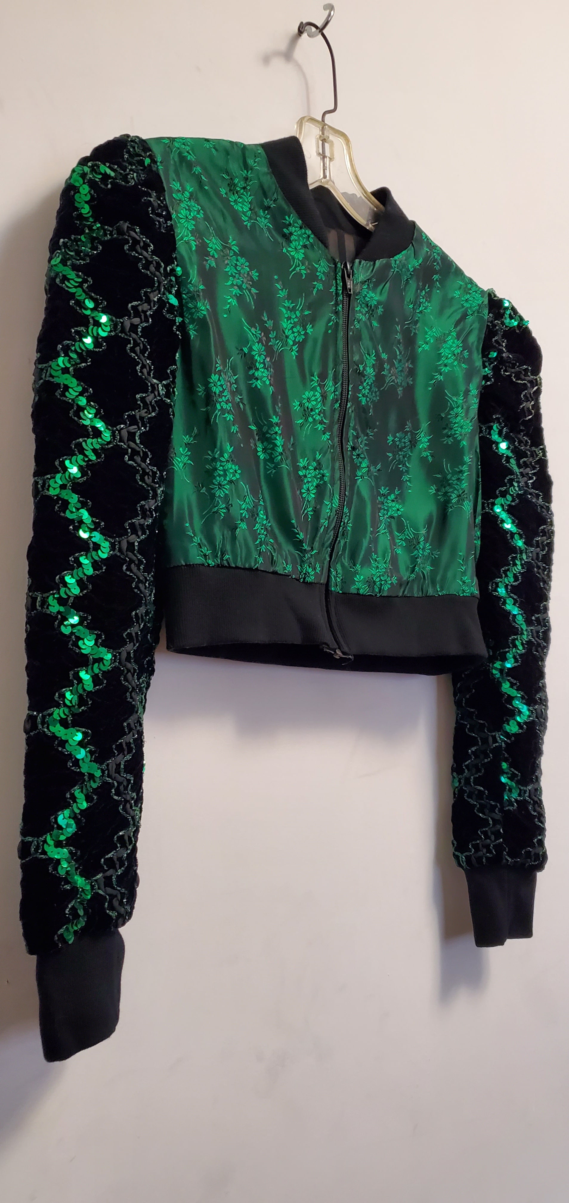 Close up Front view of Green Damask Cropped Bomber Jacket