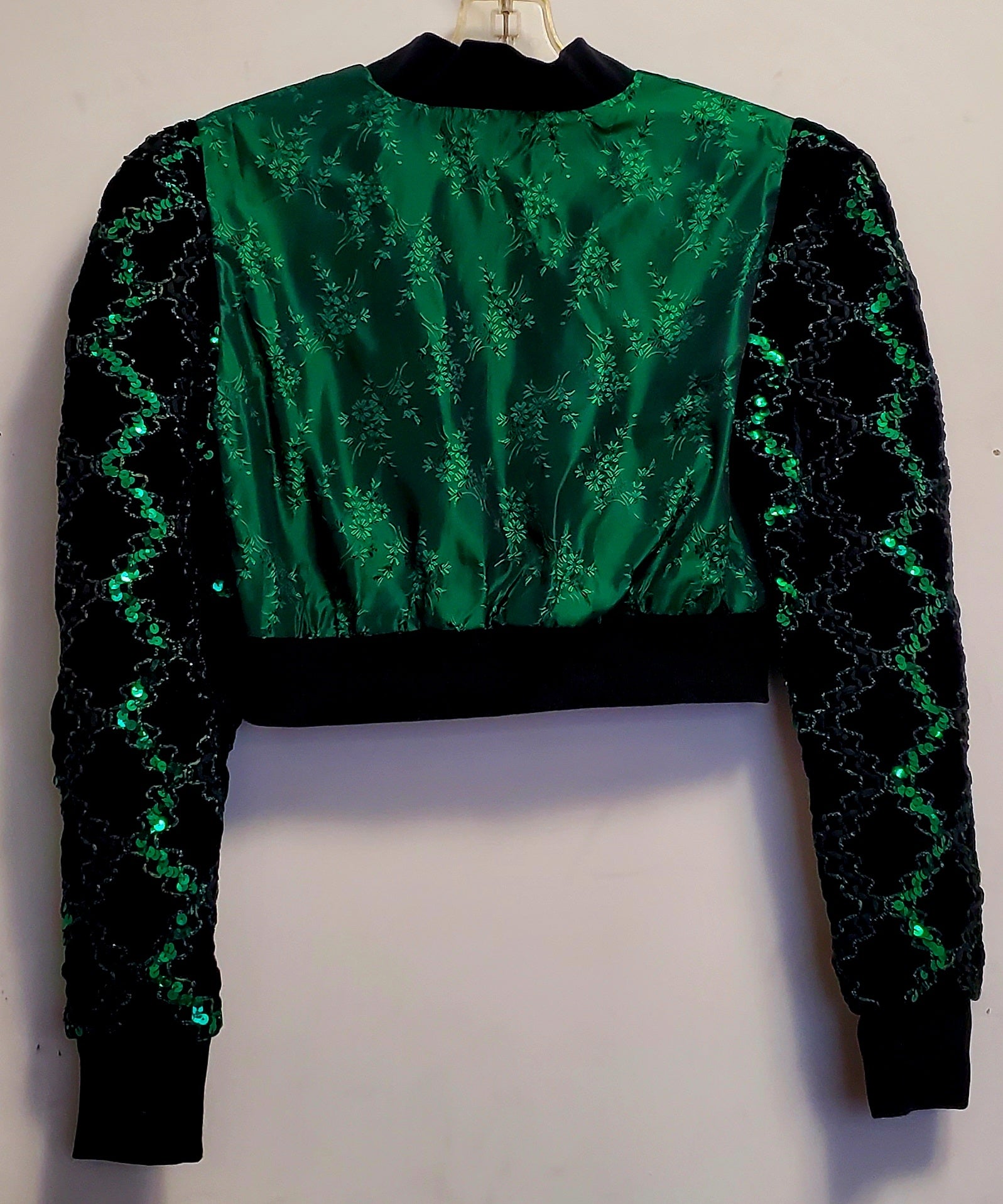 Back view of Green Damask Cropped Bomber Jacket