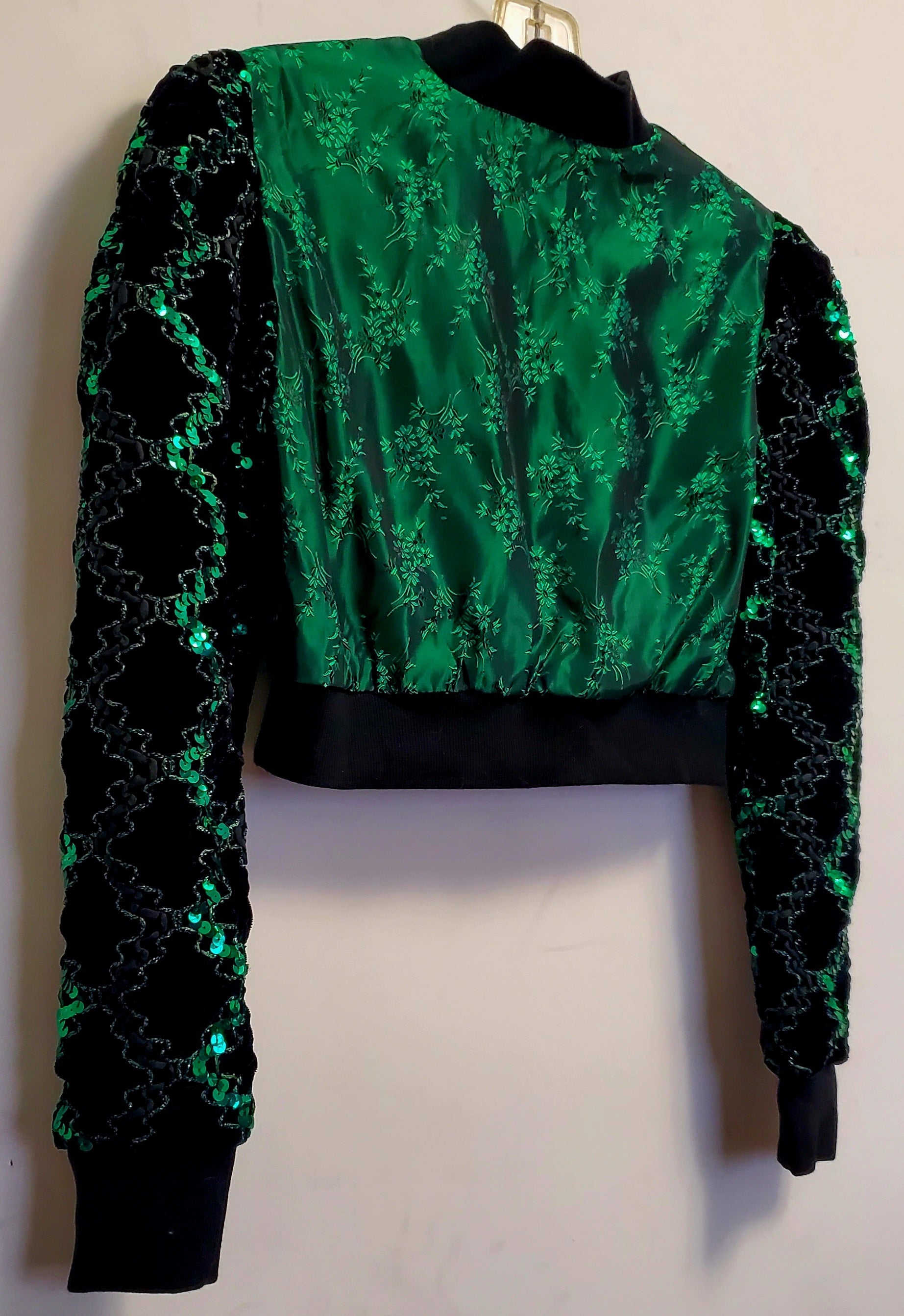 close up back view of Green Damask Cropped Bomber Jacket