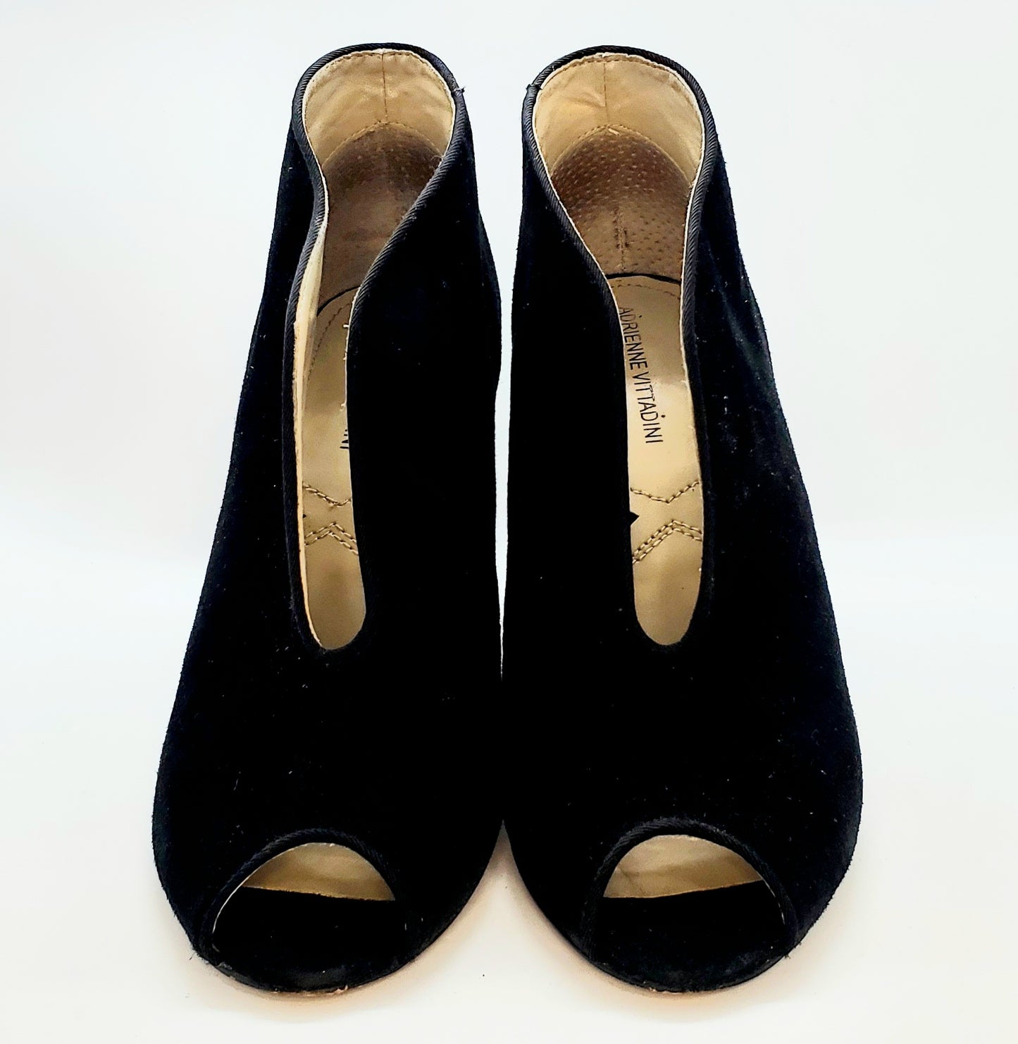 Front view of Adrienne Vittadini black Open toe, high top high heel shoes