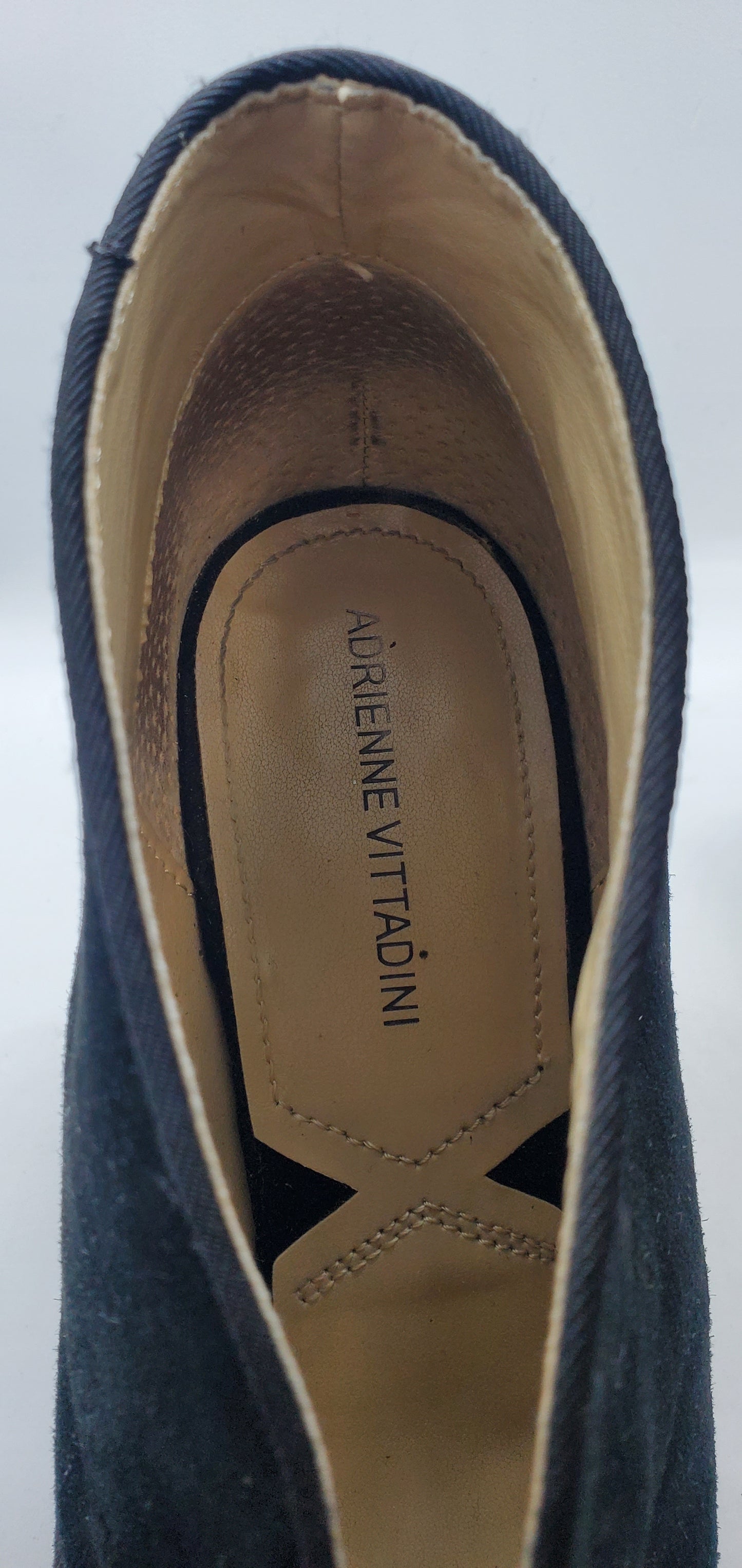 inner sole view of Adrienne Vittadini black Open toe, high top high heel shoes