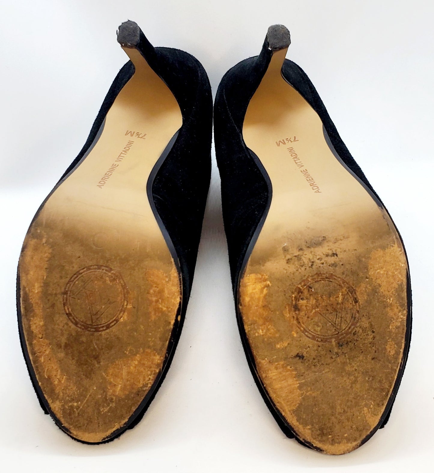 Bottom sole view of Adrienne Vittadini black Open toe, high top high heel shoes