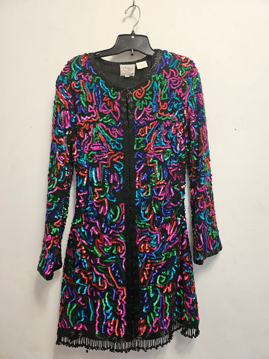 front view of Rainbow sequined jacket dress with fringe details