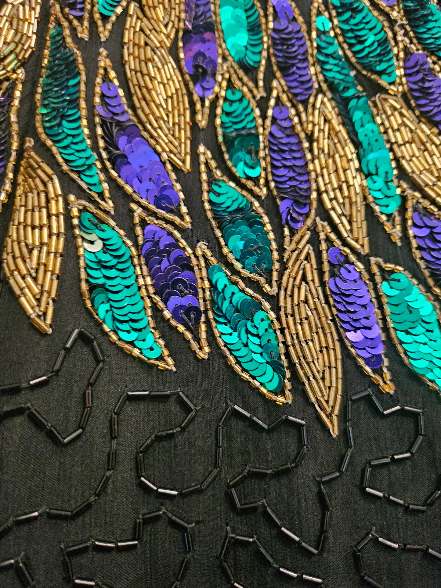 close up view of beading of 80s Peacock Beaded Cocktail Dress