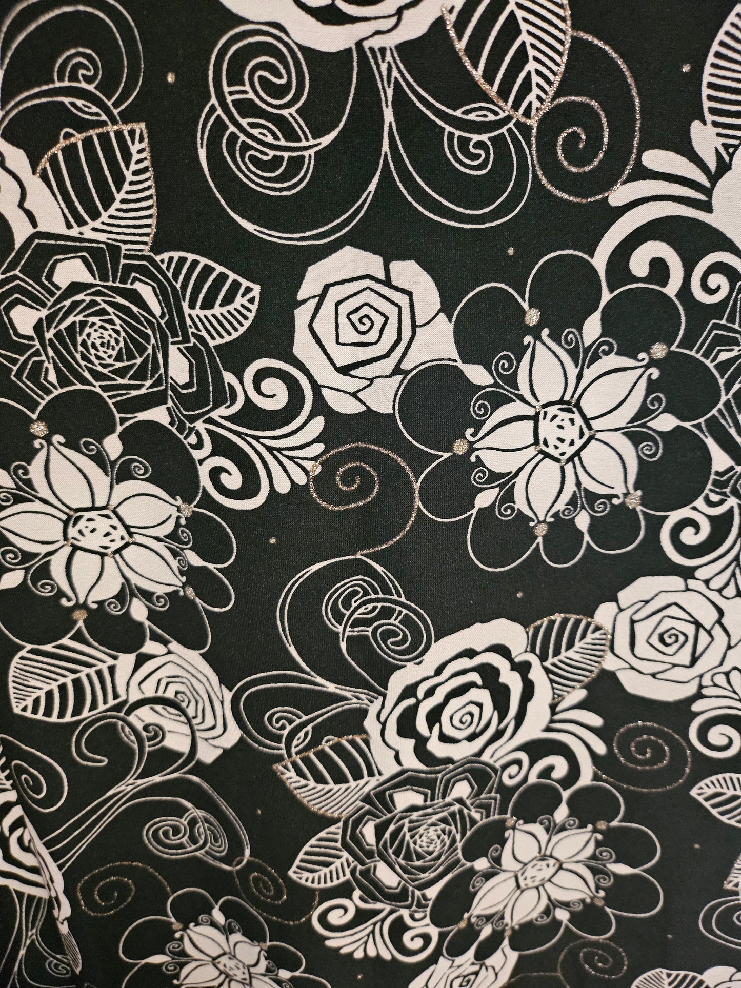 close up view of fabric print of Black and White Abstract Floral Summer Dress