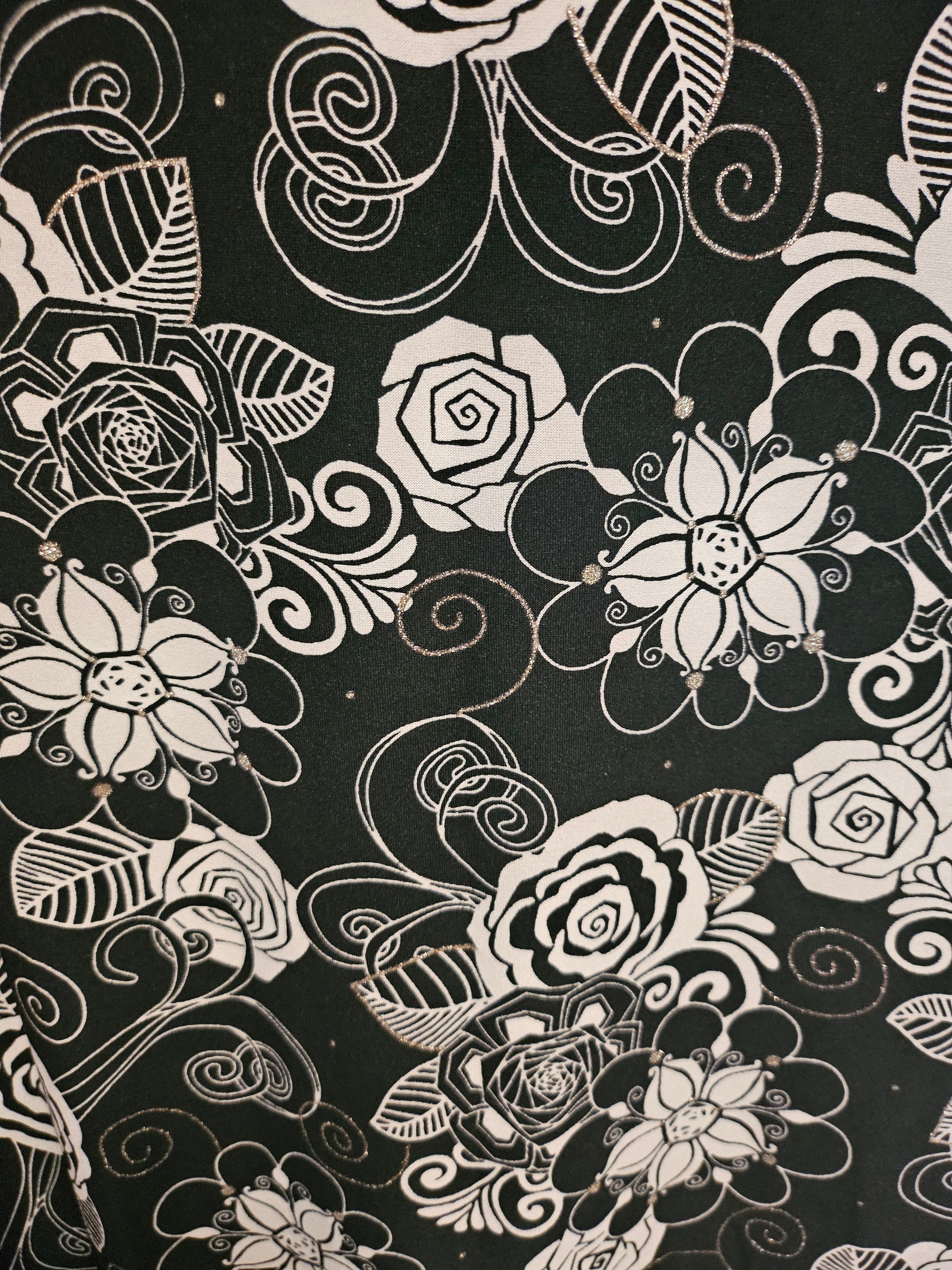 close up view of fabric print of Black and White Abstract Floral Summer Dress