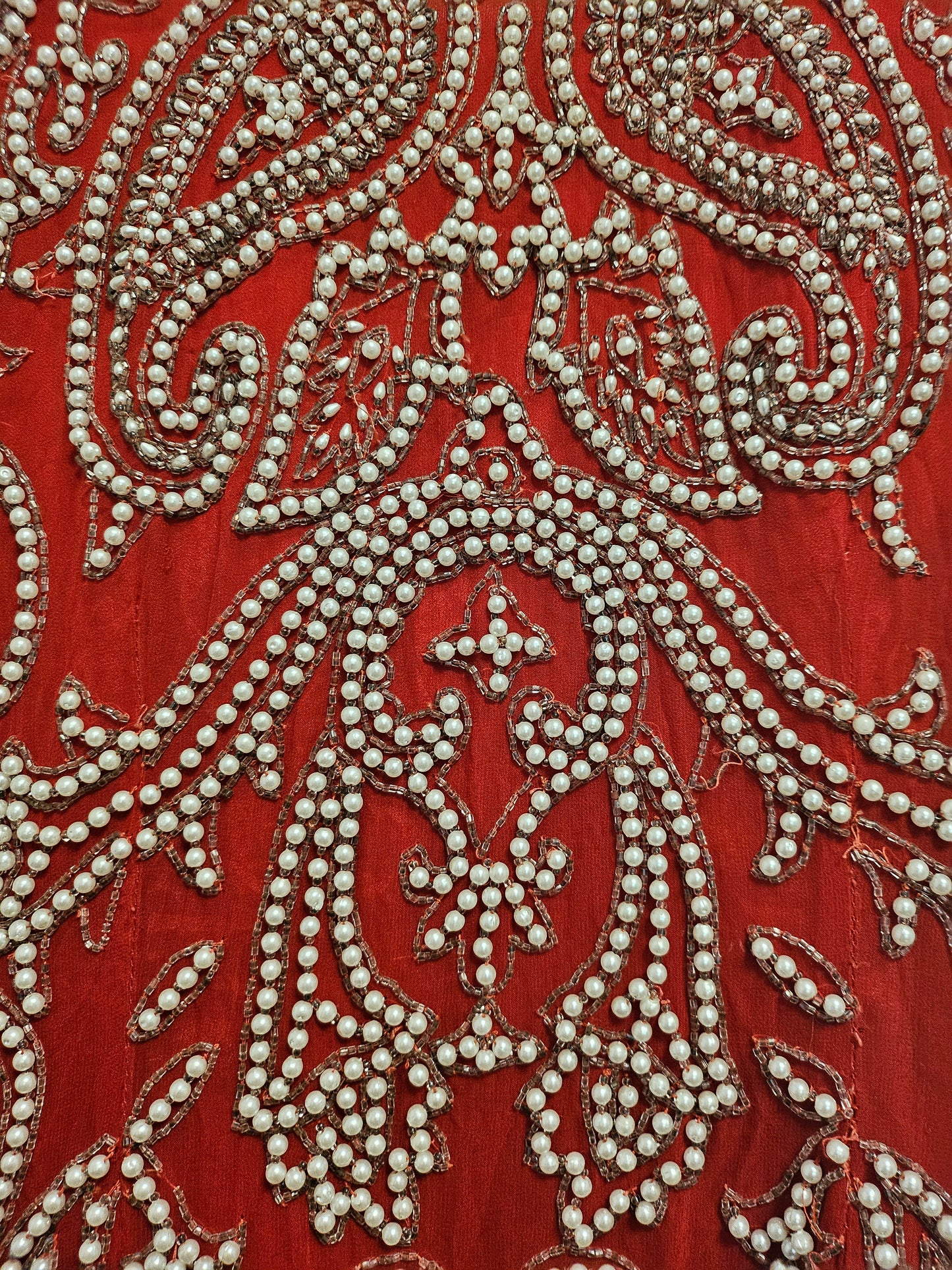 close up view of beading of Vintage Red Silk and Pearl Beaded Evening Dress