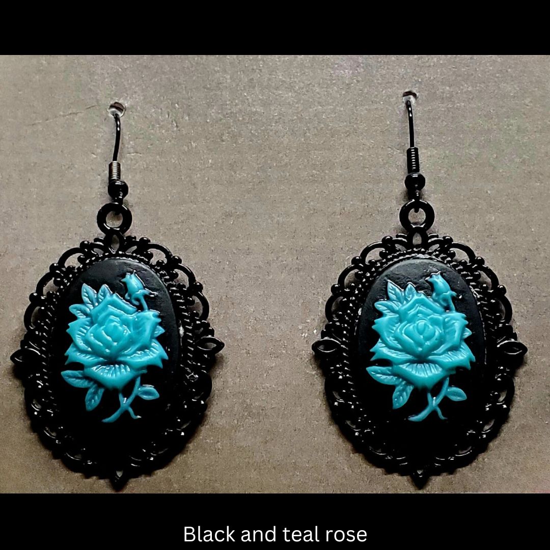 Goth-inspired black and teal acrylic 3D rose and black filigree earrings