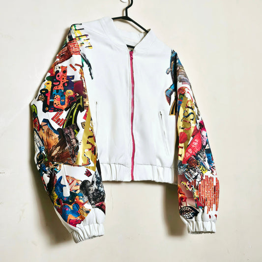 side front view of Retro street art inspired bomber jacket