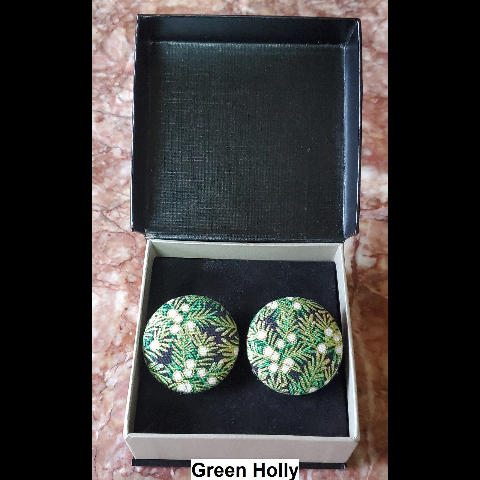 Green Holly Print button earrings in jewelry box