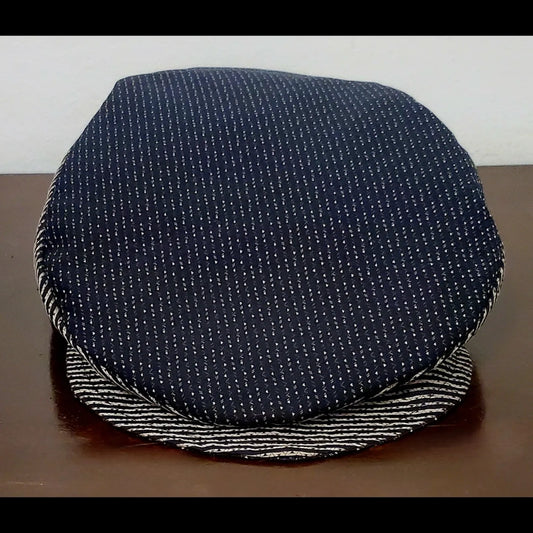 Front View of Brown and black swiss dot and striped flat cap