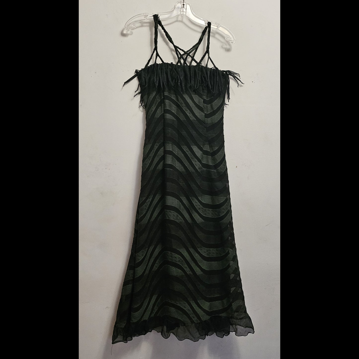ENVIOUS- Green swirl print fringed slip dress