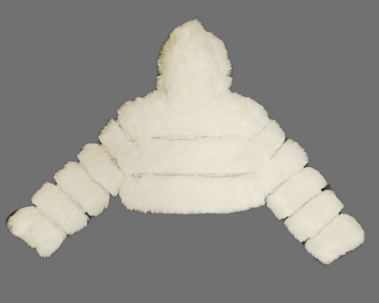 MUGATU- White cropped hooded faux fur coat embellished with rhinestone mesh.