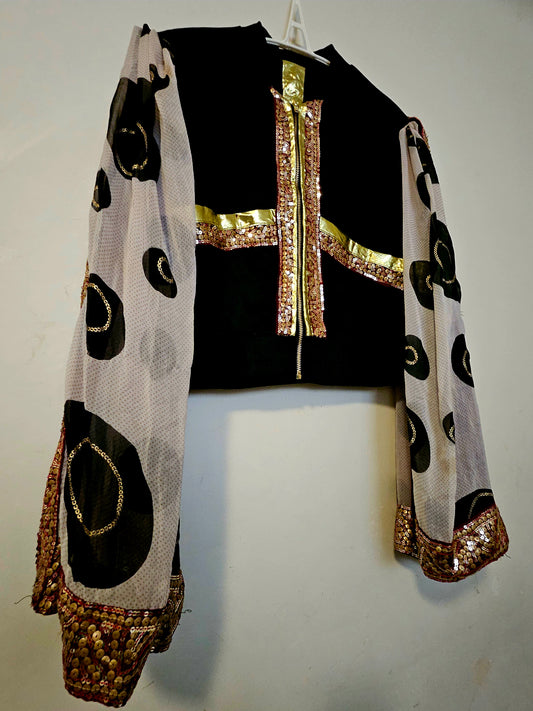 Side front view of Indian inspired bomber jacket with sheer cape sleeves