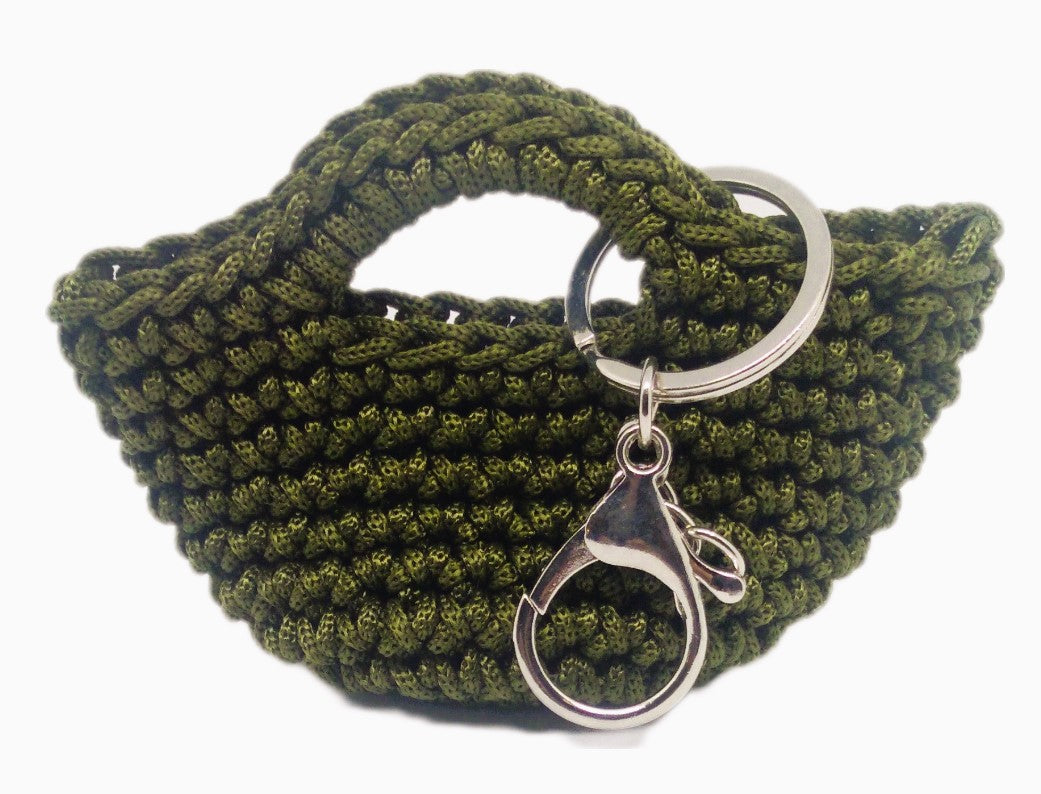 Front view of Olive green/silver mini handbag keychain