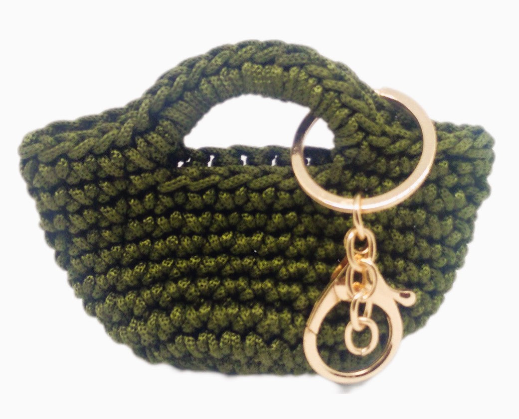 Front view of Olive green/gold mini handbag keychain