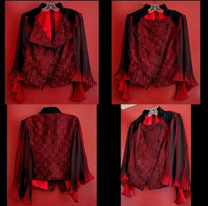 picture collage of red and black moto jacket with pleated cape sleeves and ruby rhinestone zipper