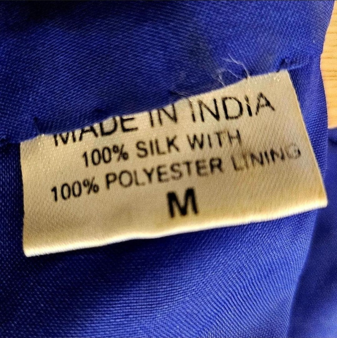 Size label of 90s Cobalt and Pearl Halter Dress