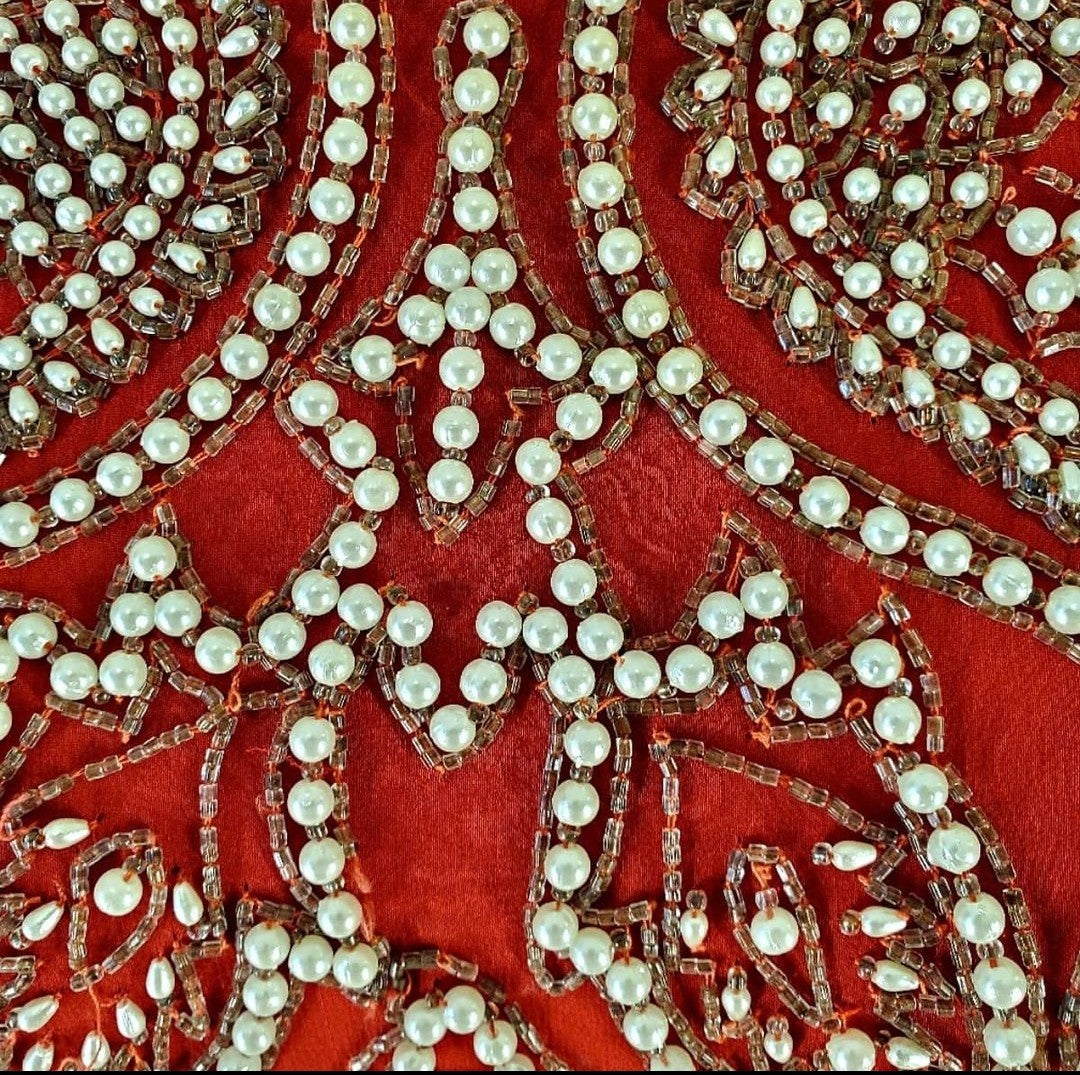 close up view of pearls on Vintage Red Silk and Pearl Beaded Evening Dress