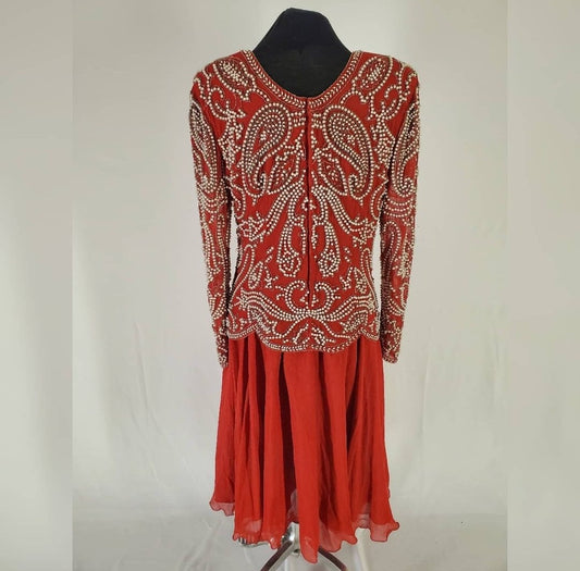 back view of Vintage Red Silk and Pearl Beaded Evening Dress on mannequin