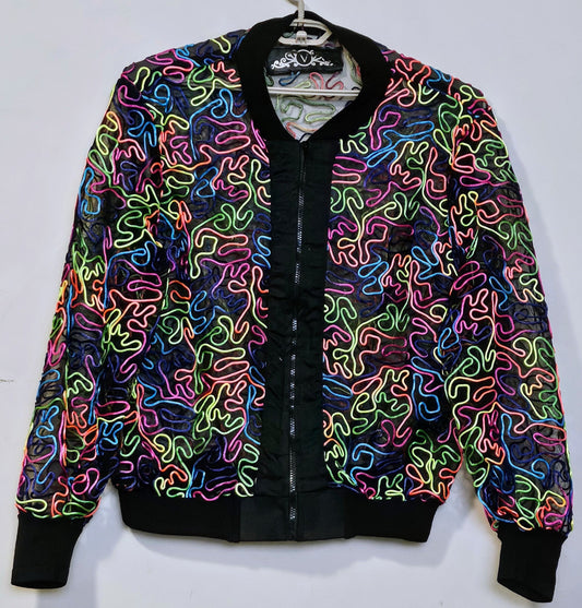 Front view of Rainbow embroidered mesh bomber jacket