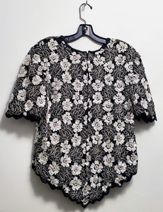 Back view of Vintage 80s Black and White Beaded Floral Top