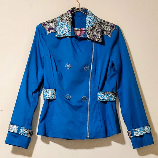 SEMAI-Teal raincoat with Ankara fabric accents