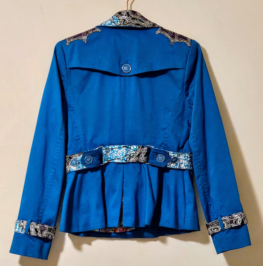 SEMAI-Teal raincoat with Ankara fabric accents