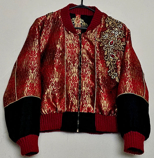 front view of Indian inspired colour-blocked bomber jacket with beaded embellishments