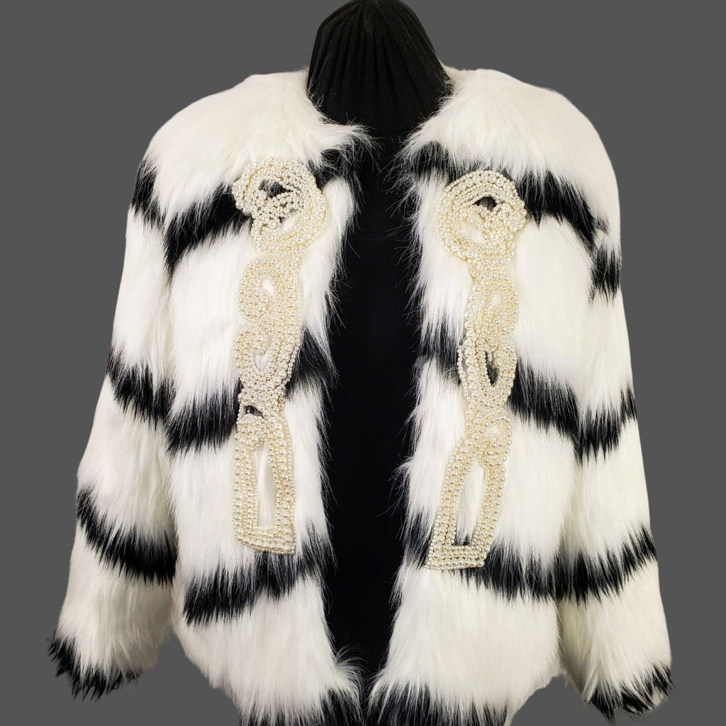black and white faux fur coat with pearl details open front view on mannequin