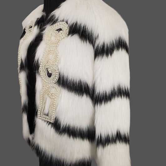 black and white faux fur coat with pearls side view open on dress form