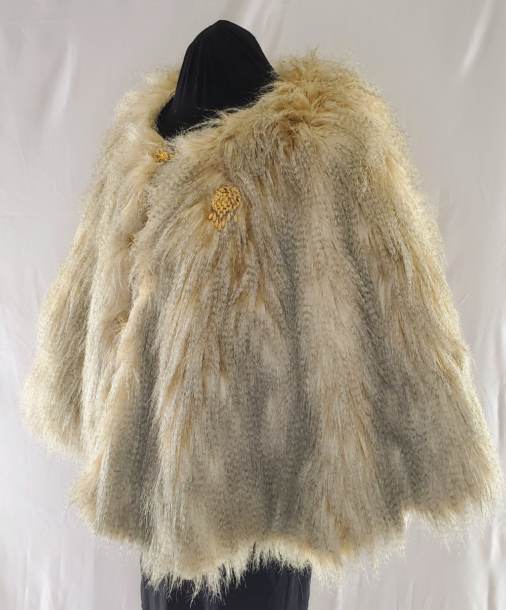 Gold and Tan Faux Fur Cape with vintage gold clasps and broach side view closed