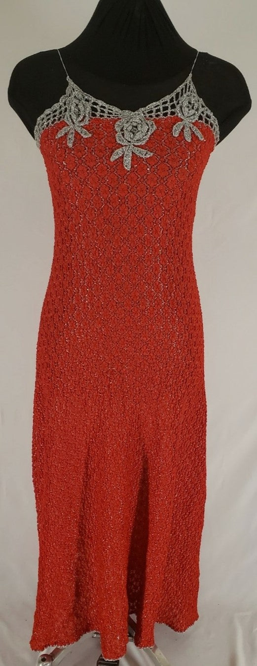 Front view of Red and Silver Crochet Dress