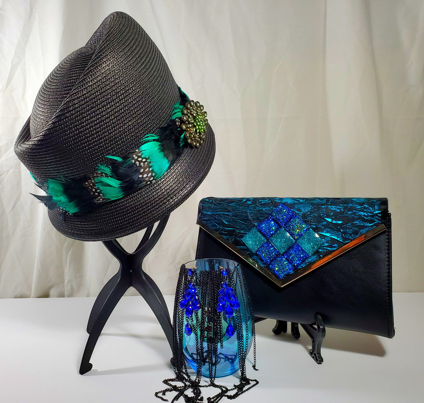 MARINA- Textured Teal and Black Clutch with Blue Topaz Beads