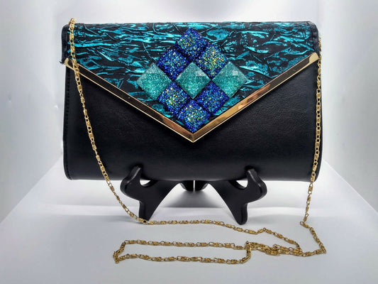 MARINA- Textured Teal and Black Clutch with Blue Topaz Beads