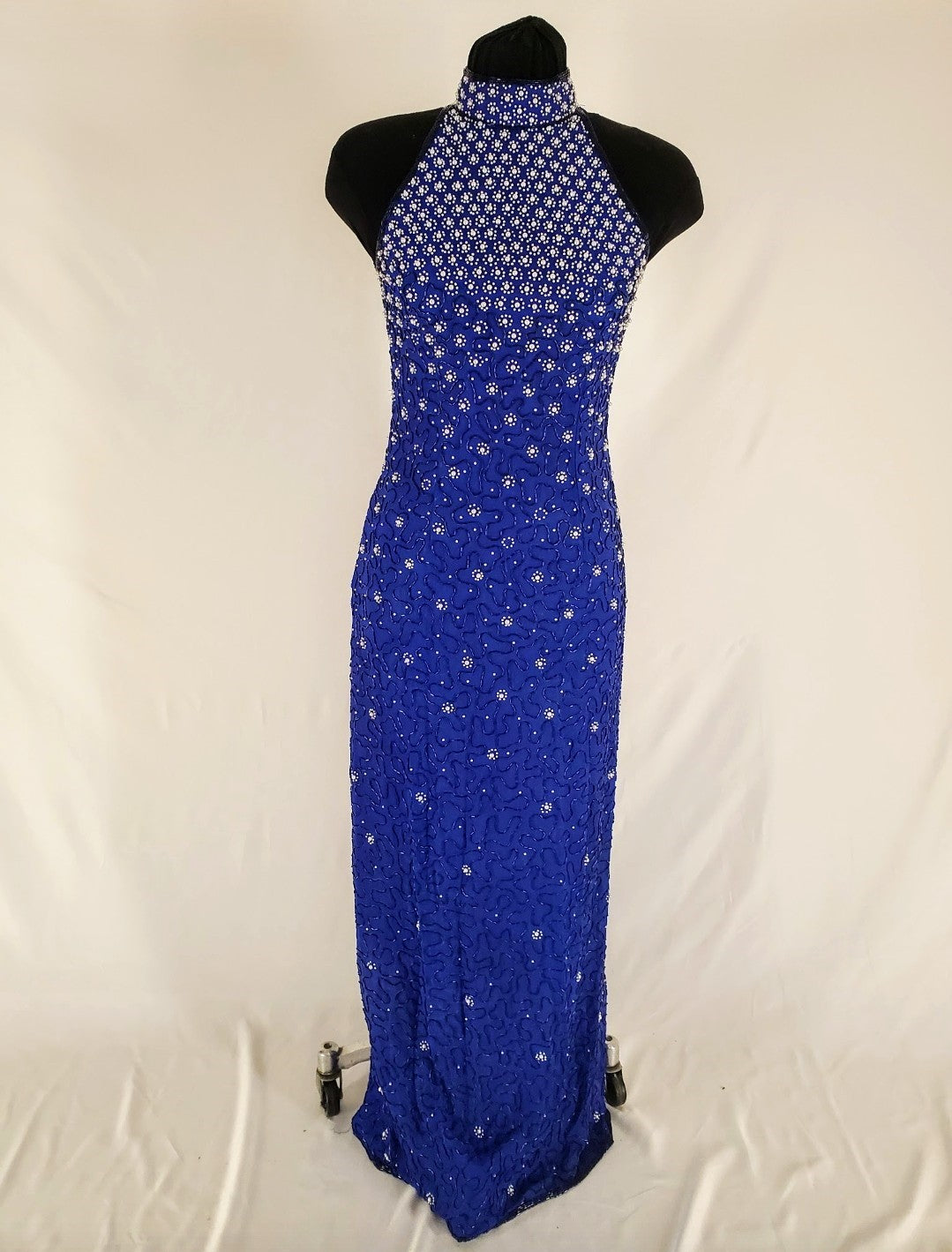 Front view of 90s Cobalt and Pearl Halter Dress